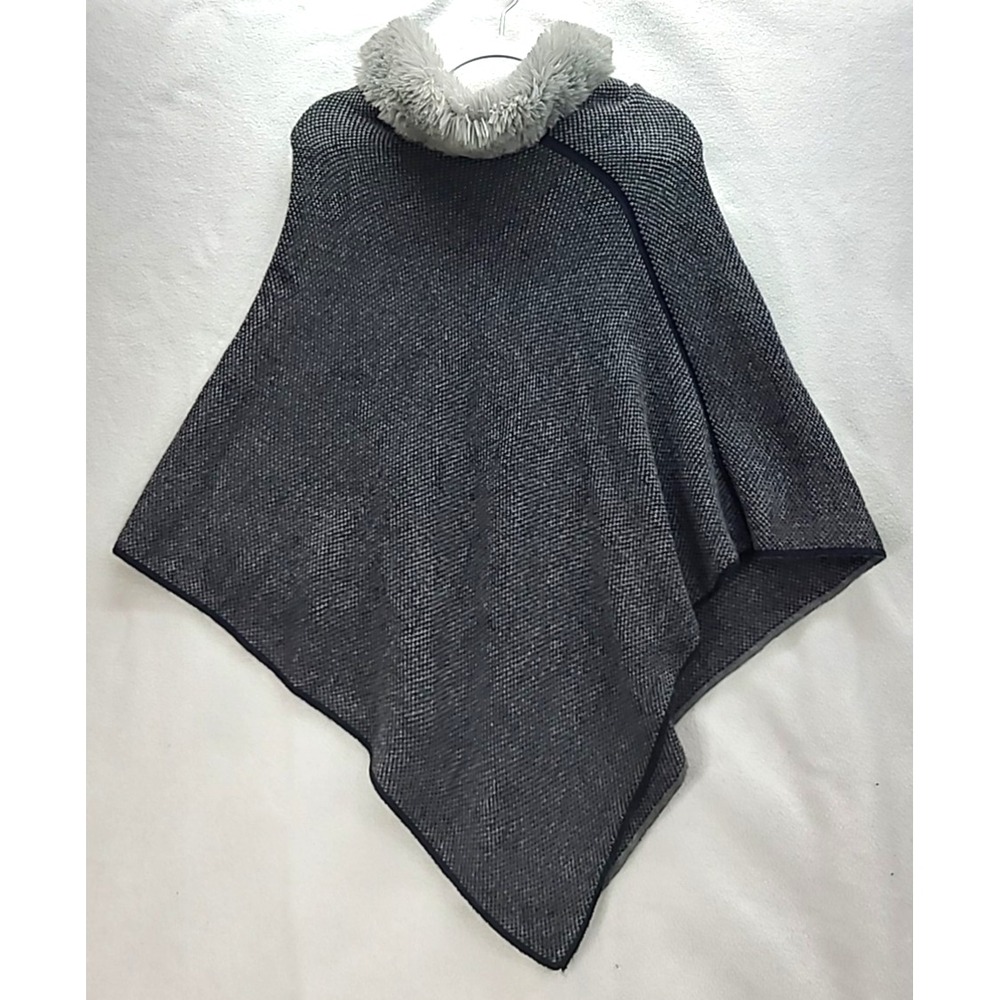 Fratelli Talli Women Wool Alpaca Blend Gray Poncho Faux Fur Collar Made In Italy
